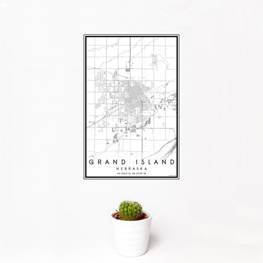 12x18 Grand Island Nebraska Map Print Portrait Orientation in Classic Style With Small Cactus Plant in White Planter
