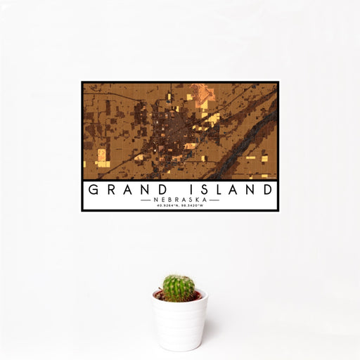 12x18 Grand Island Nebraska Map Print Landscape Orientation in Ember Style With Small Cactus Plant in White Planter