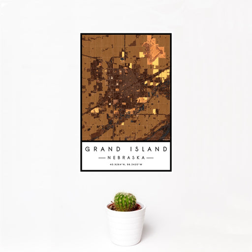 12x18 Grand Island Nebraska Map Print Portrait Orientation in Ember Style With Small Cactus Plant in White Planter