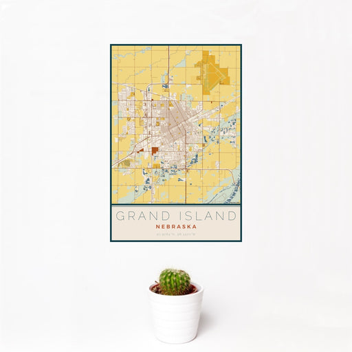 12x18 Grand Island Nebraska Map Print Portrait Orientation in Woodblock Style With Small Cactus Plant in White Planter