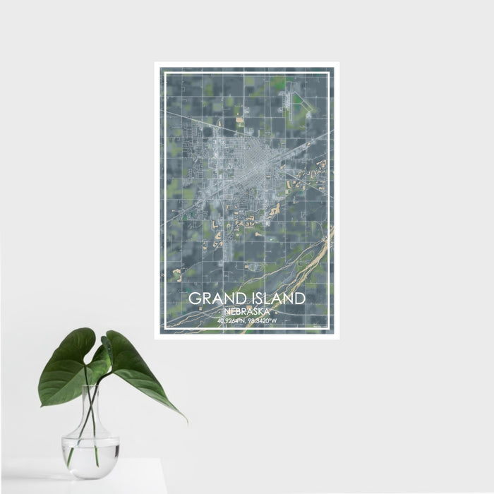 16x24 Grand Island Nebraska Map Print Portrait Orientation in Afternoon Style With Tropical Plant Leaves in Water