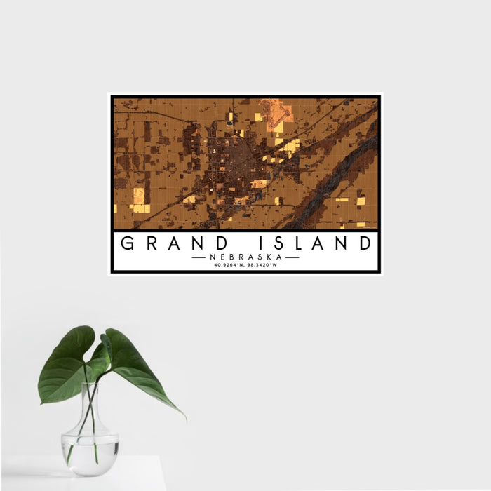 16x24 Grand Island Nebraska Map Print Landscape Orientation in Ember Style With Tropical Plant Leaves in Water
