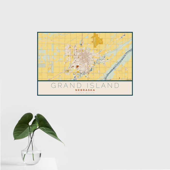 16x24 Grand Island Nebraska Map Print Landscape Orientation in Woodblock Style With Tropical Plant Leaves in Water