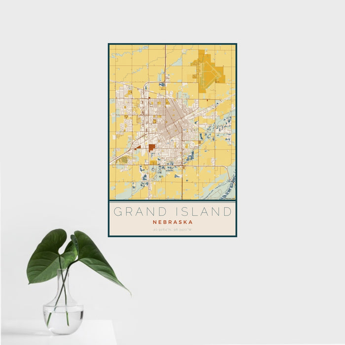 16x24 Grand Island Nebraska Map Print Portrait Orientation in Woodblock Style With Tropical Plant Leaves in Water