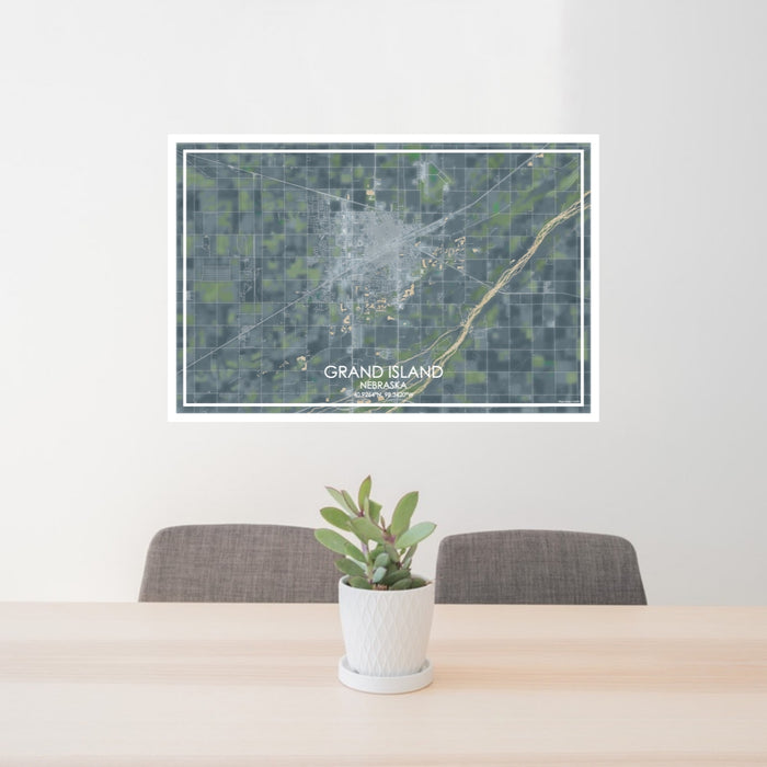24x36 Grand Island Nebraska Map Print Lanscape Orientation in Afternoon Style Behind 2 Chairs Table and Potted Plant