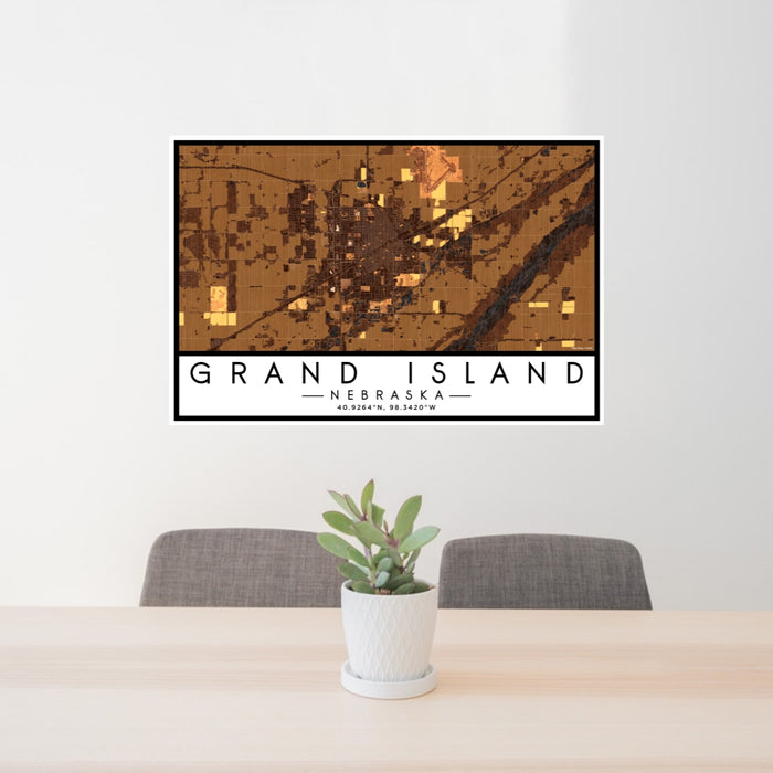 24x36 Grand Island Nebraska Map Print Lanscape Orientation in Ember Style Behind 2 Chairs Table and Potted Plant
