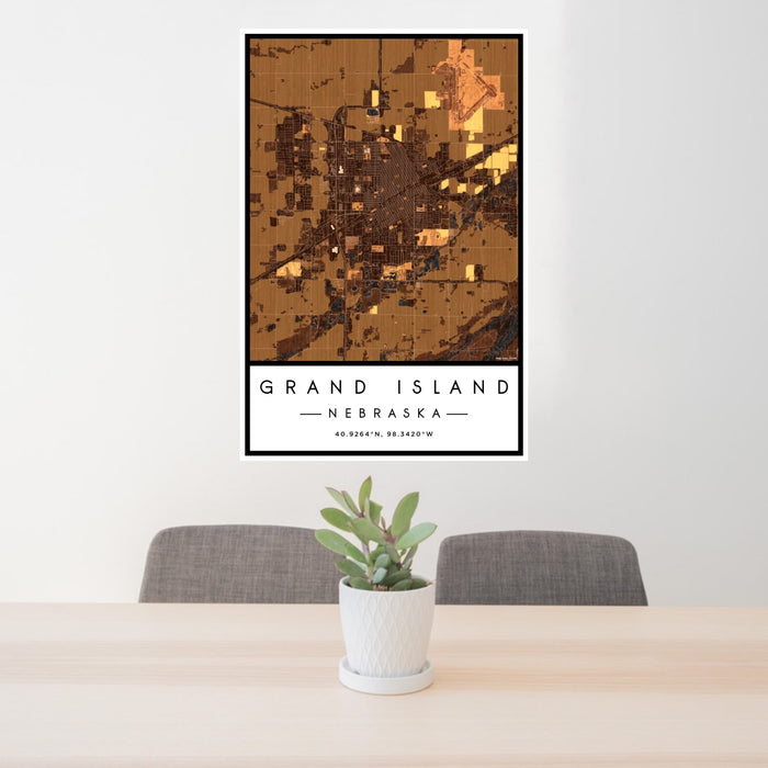 24x36 Grand Island Nebraska Map Print Portrait Orientation in Ember Style Behind 2 Chairs Table and Potted Plant
