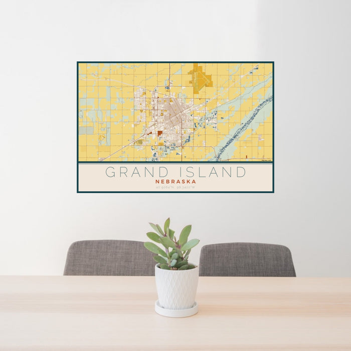 24x36 Grand Island Nebraska Map Print Lanscape Orientation in Woodblock Style Behind 2 Chairs Table and Potted Plant