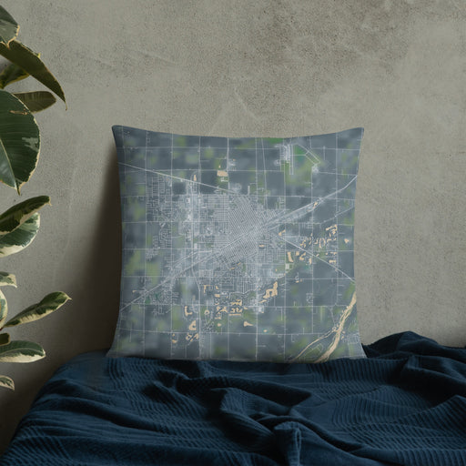 Custom Grand Island Nebraska Map Throw Pillow in Afternoon on Bedding Against Wall