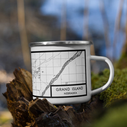 Right View Custom Grand Island Nebraska Map Enamel Mug in Classic on Grass With Trees in Background