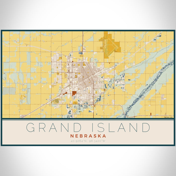 Grand Island Nebraska Map Print Landscape Orientation in Woodblock Style With Shaded Background
