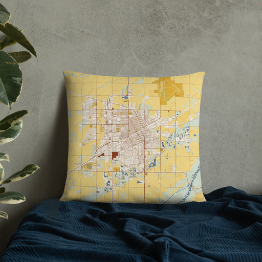 Custom Grand Island Nebraska Map Throw Pillow in Woodblock on Bedding Against Wall
