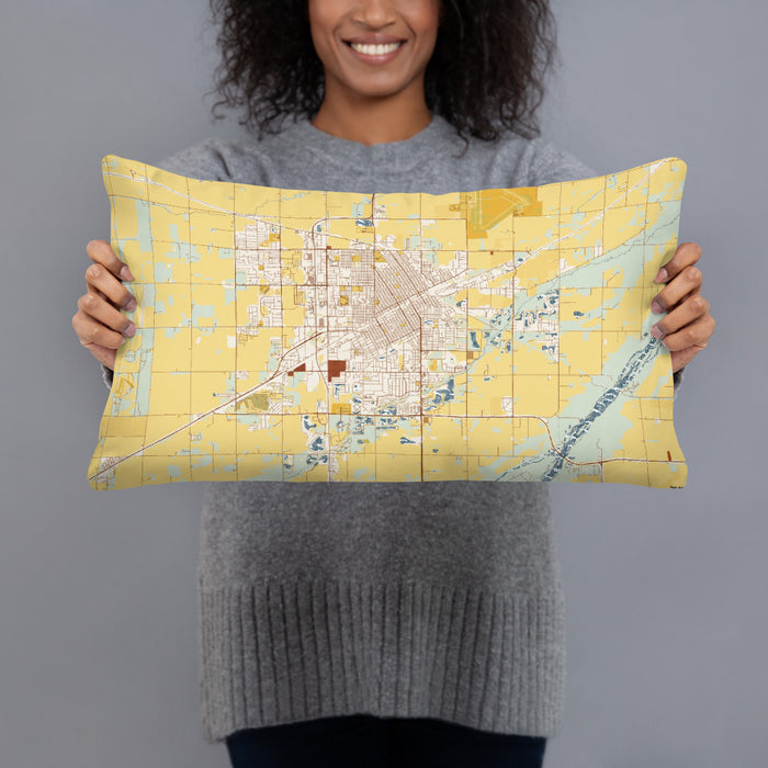 Person holding 20x12 Custom Grand Island Nebraska Map Throw Pillow in Woodblock