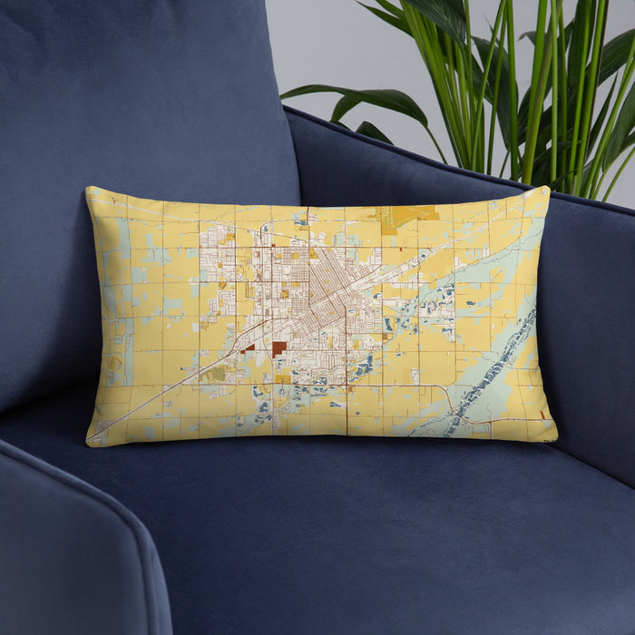 Custom Grand Island Nebraska Map Throw Pillow in Woodblock on Blue Colored Chair