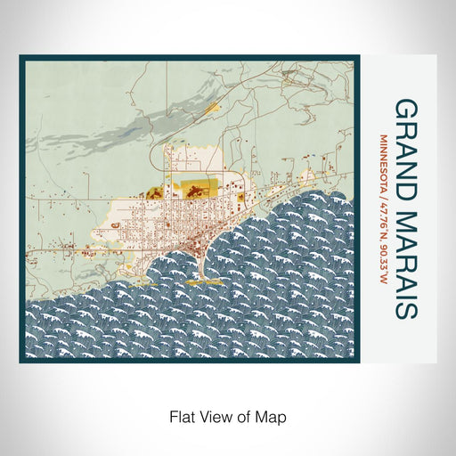 Rendered View of Grand Marais Minnesota Map on 20oz Stainless Steel Insulated Bottle with Bamboo Top with printed woodblock style map