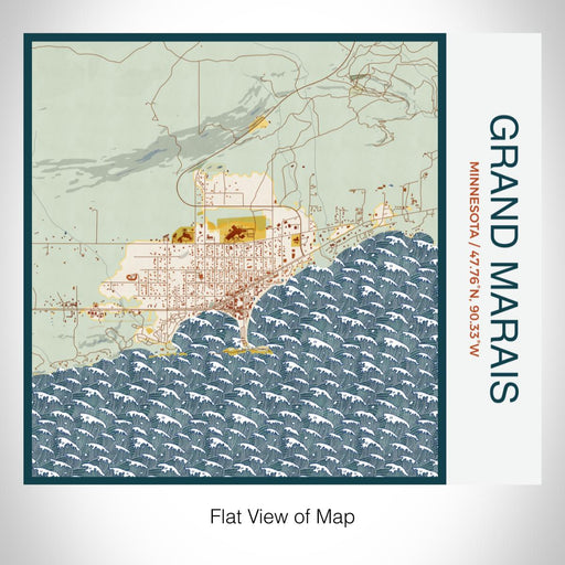 Rendered View of Grand Marais Minnesota Map on 17oz Stainless Steel Insulated Tumbler in Woodblock Map Style