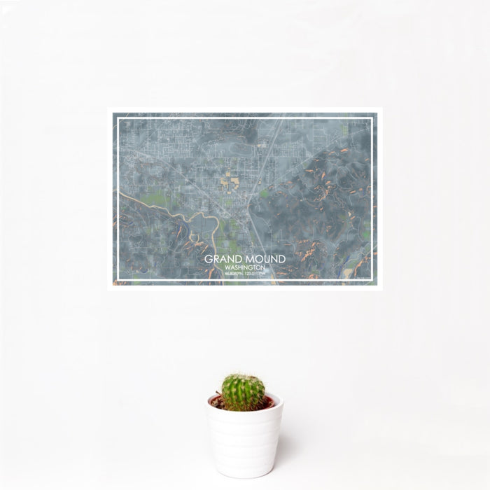 12x18 Grand Mound Washington Map Print Landscape Orientation in Afternoon Style With Small Cactus Plant in White Planter