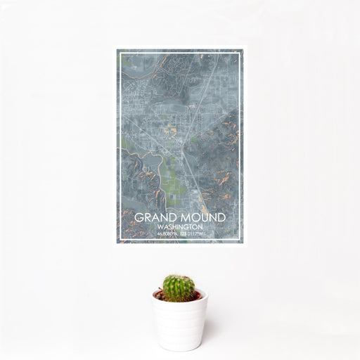 12x18 Grand Mound Washington Map Print Portrait Orientation in Afternoon Style With Small Cactus Plant in White Planter