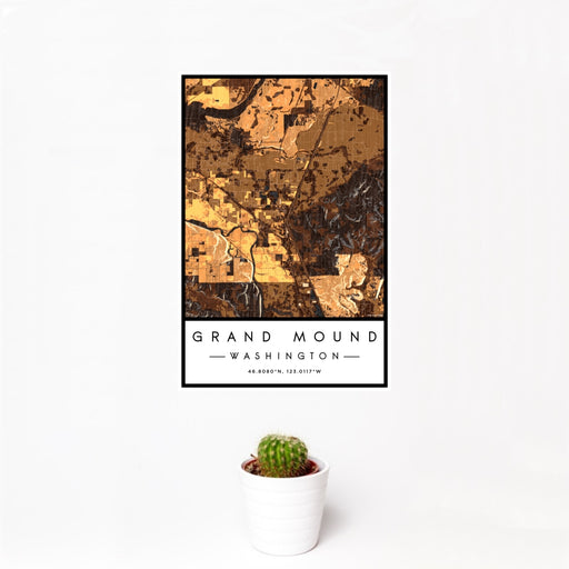 12x18 Grand Mound Washington Map Print Portrait Orientation in Ember Style With Small Cactus Plant in White Planter