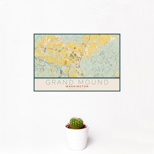 12x18 Grand Mound Washington Map Print Landscape Orientation in Woodblock Style With Small Cactus Plant in White Planter