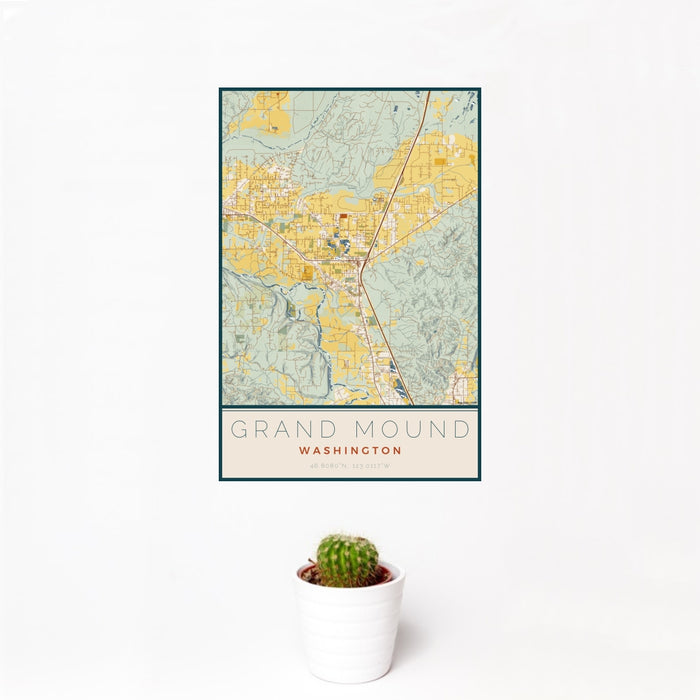 12x18 Grand Mound Washington Map Print Portrait Orientation in Woodblock Style With Small Cactus Plant in White Planter