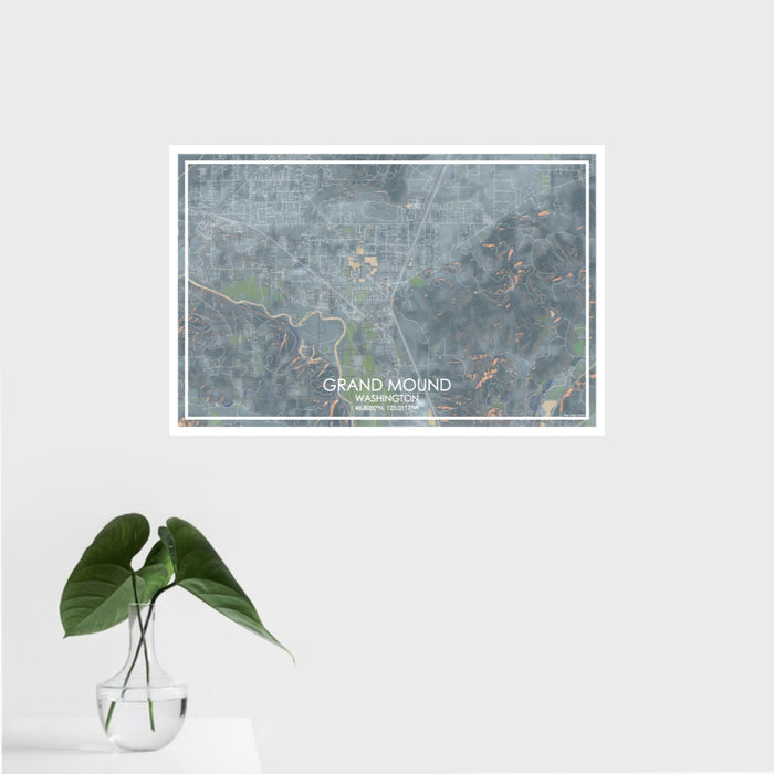 16x24 Grand Mound Washington Map Print Landscape Orientation in Afternoon Style With Tropical Plant Leaves in Water