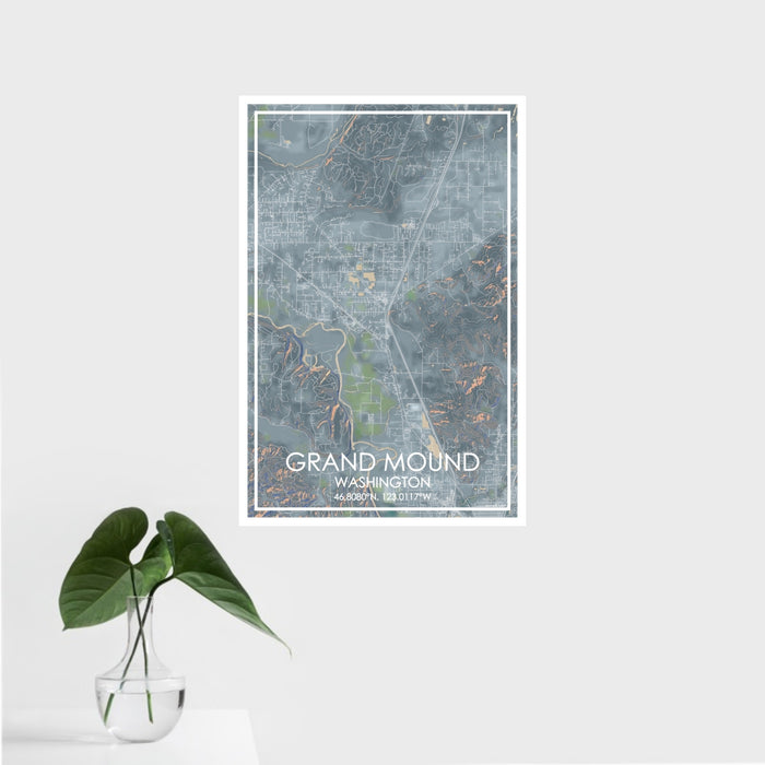 16x24 Grand Mound Washington Map Print Portrait Orientation in Afternoon Style With Tropical Plant Leaves in Water