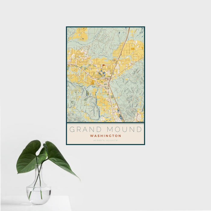 16x24 Grand Mound Washington Map Print Portrait Orientation in Woodblock Style With Tropical Plant Leaves in Water