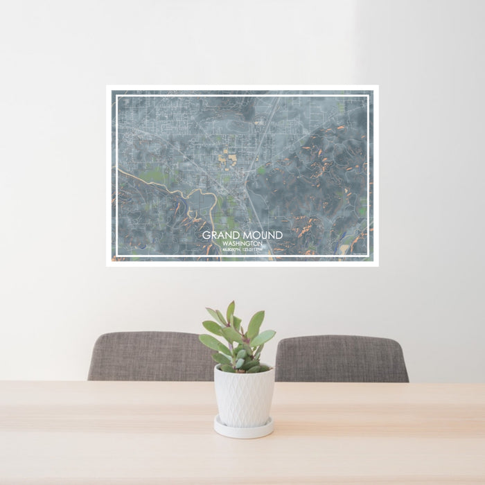 24x36 Grand Mound Washington Map Print Lanscape Orientation in Afternoon Style Behind 2 Chairs Table and Potted Plant