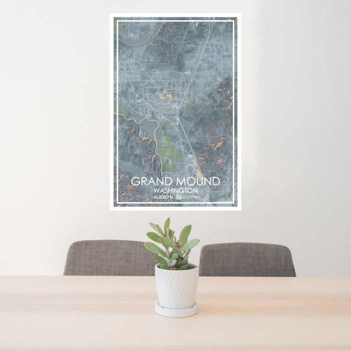 24x36 Grand Mound Washington Map Print Portrait Orientation in Afternoon Style Behind 2 Chairs Table and Potted Plant