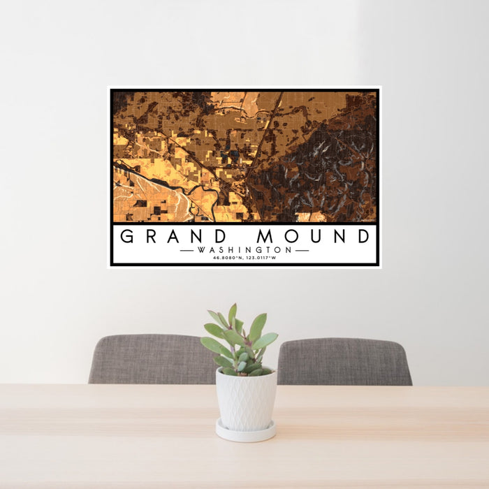 24x36 Grand Mound Washington Map Print Lanscape Orientation in Ember Style Behind 2 Chairs Table and Potted Plant