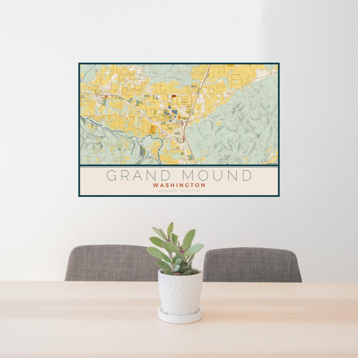 24x36 Grand Mound Washington Map Print Lanscape Orientation in Woodblock Style Behind 2 Chairs Table and Potted Plant