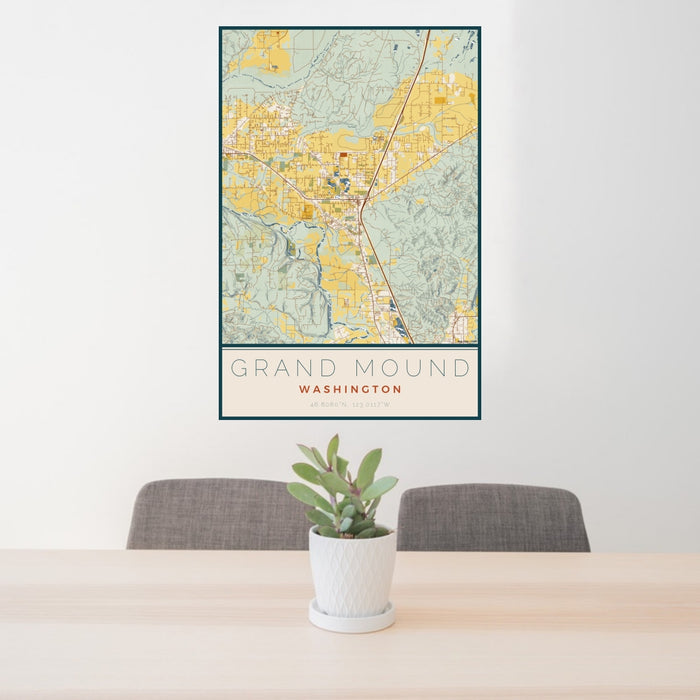 24x36 Grand Mound Washington Map Print Portrait Orientation in Woodblock Style Behind 2 Chairs Table and Potted Plant