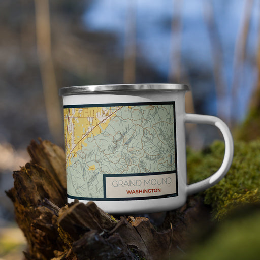 Right View Custom Grand Mound Washington Map Enamel Mug in Woodblock on Grass With Trees in Background