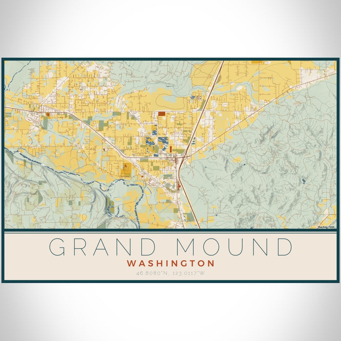 Grand Mound Washington Map Print Landscape Orientation in Woodblock Style With Shaded Background