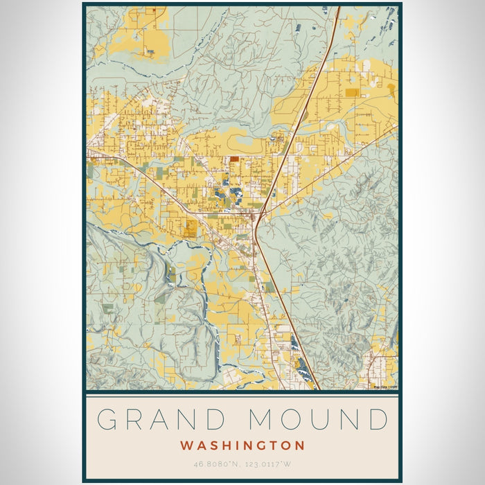 Grand Mound Washington Map Print Portrait Orientation in Woodblock Style With Shaded Background