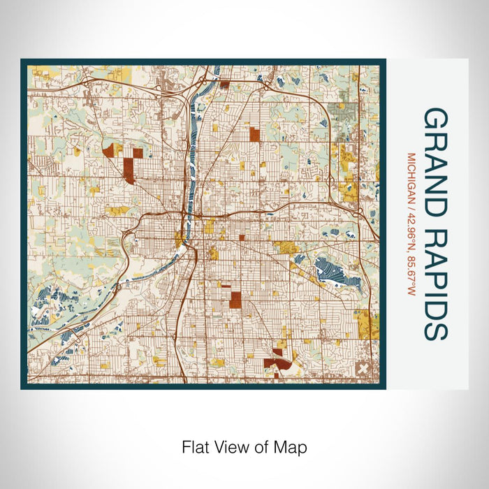 Rendered View of Grand Rapids Michigan Map on 20oz Stainless Steel Insulated Bottle with Bamboo Top with printed woodblock style map