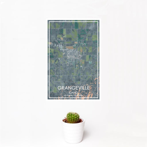 12x18 Grangeville Idaho Map Print Portrait Orientation in Afternoon Style With Small Cactus Plant in White Planter