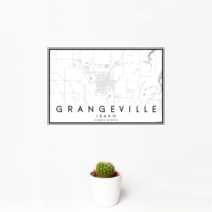 12x18 Grangeville Idaho Map Print Landscape Orientation in Classic Style With Small Cactus Plant in White Planter