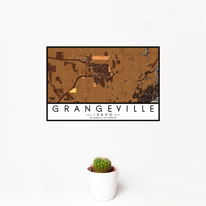 12x18 Grangeville Idaho Map Print Landscape Orientation in Ember Style With Small Cactus Plant in White Planter