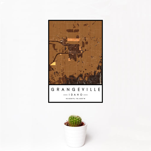 12x18 Grangeville Idaho Map Print Portrait Orientation in Ember Style With Small Cactus Plant in White Planter