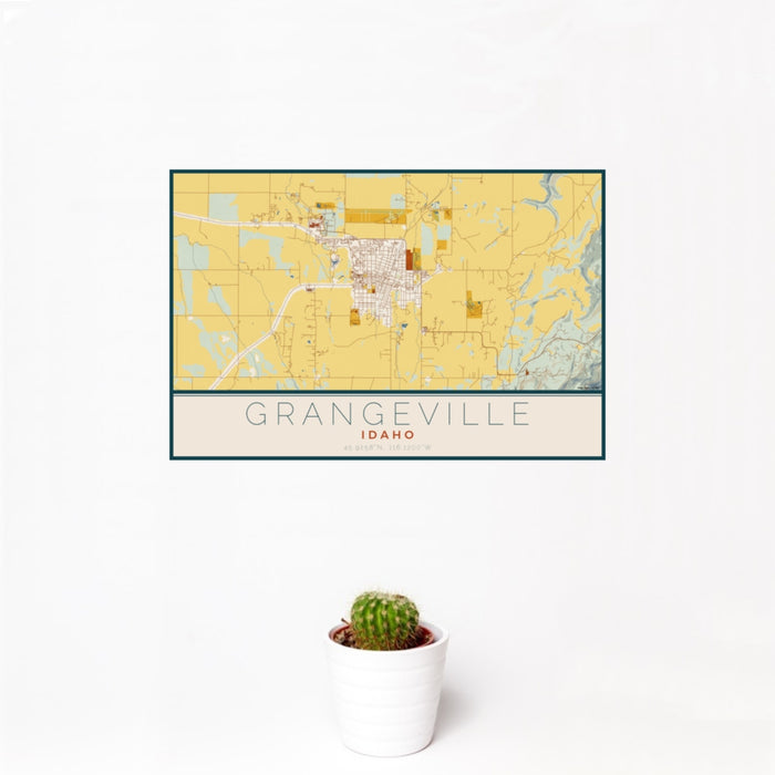 12x18 Grangeville Idaho Map Print Landscape Orientation in Woodblock Style With Small Cactus Plant in White Planter