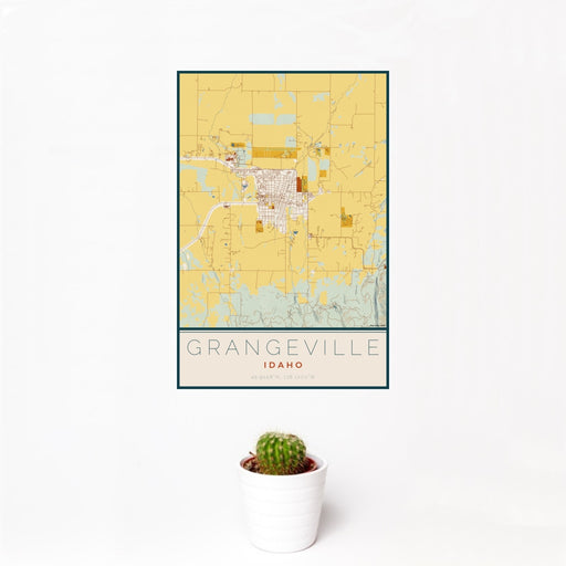 12x18 Grangeville Idaho Map Print Portrait Orientation in Woodblock Style With Small Cactus Plant in White Planter