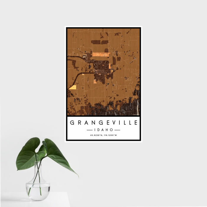 16x24 Grangeville Idaho Map Print Portrait Orientation in Ember Style With Tropical Plant Leaves in Water