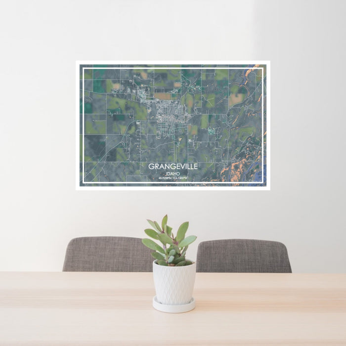 24x36 Grangeville Idaho Map Print Lanscape Orientation in Afternoon Style Behind 2 Chairs Table and Potted Plant