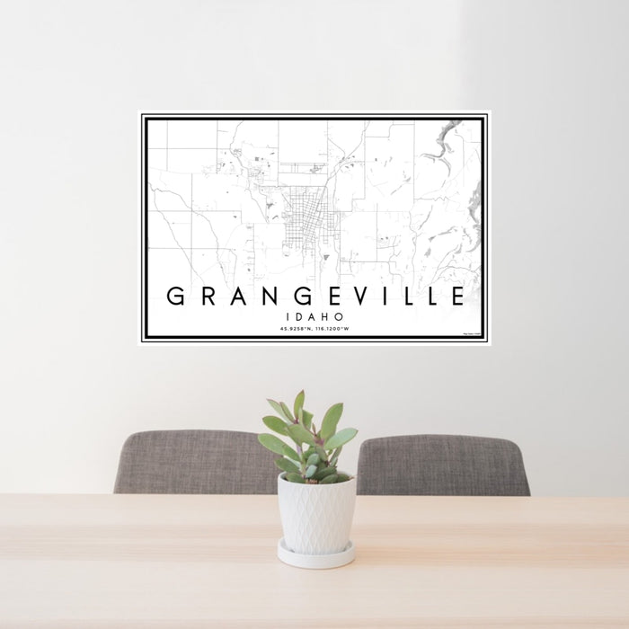 24x36 Grangeville Idaho Map Print Lanscape Orientation in Classic Style Behind 2 Chairs Table and Potted Plant