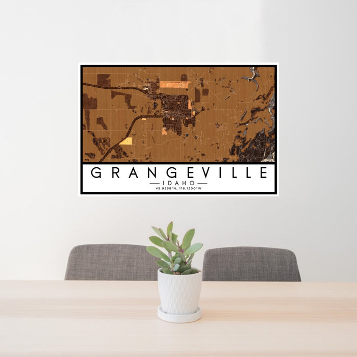 24x36 Grangeville Idaho Map Print Lanscape Orientation in Ember Style Behind 2 Chairs Table and Potted Plant