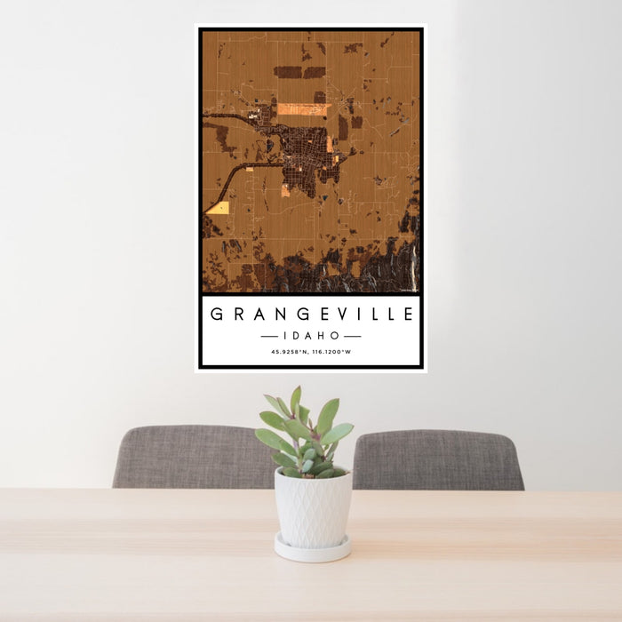 24x36 Grangeville Idaho Map Print Portrait Orientation in Ember Style Behind 2 Chairs Table and Potted Plant