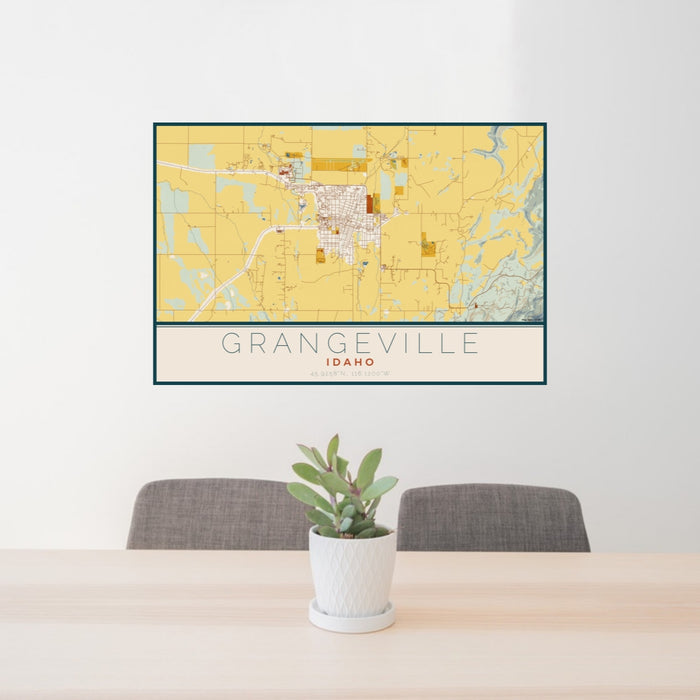 24x36 Grangeville Idaho Map Print Lanscape Orientation in Woodblock Style Behind 2 Chairs Table and Potted Plant