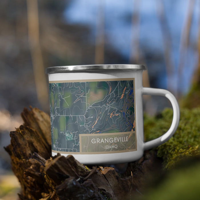 Right View Custom Grangeville Idaho Map Enamel Mug in Afternoon on Grass With Trees in Background